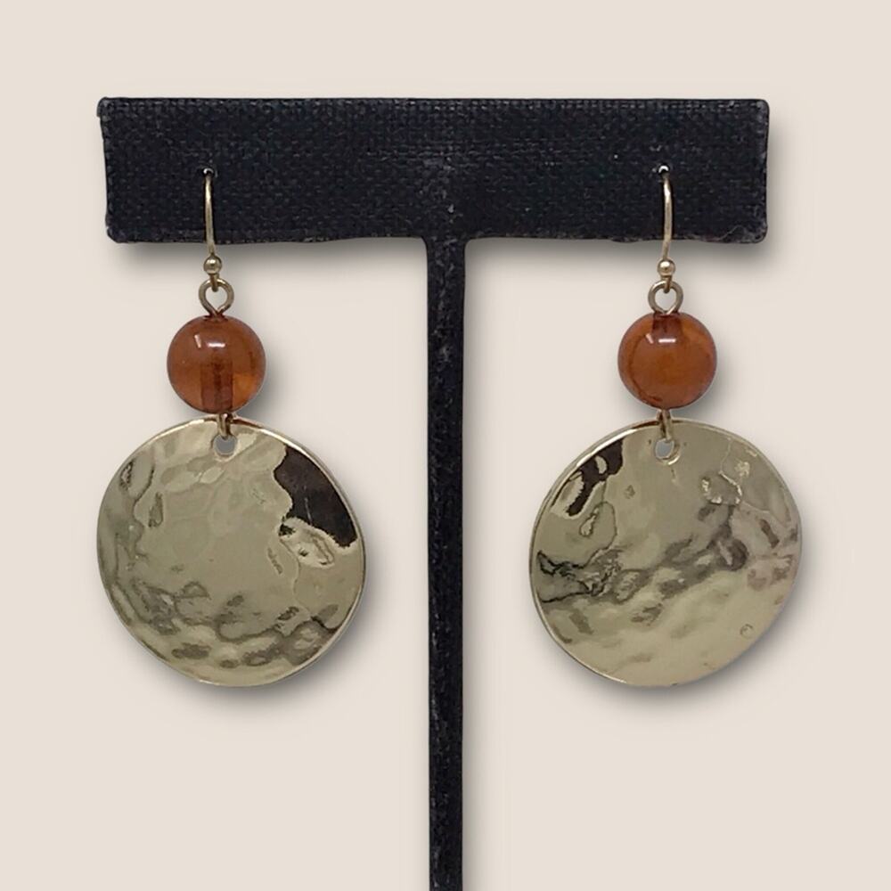 Hammered Gold and Brown Beaded Dangle Earrings